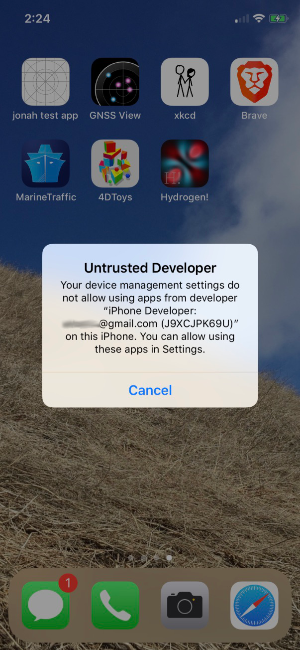 iOS alert, warning that our app cannot be launched without trusting the developer signing certificate