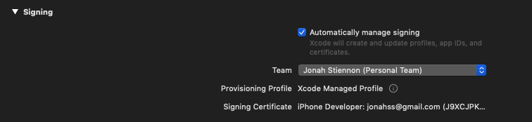 Closeup of Xcode app signing options, with our team selected