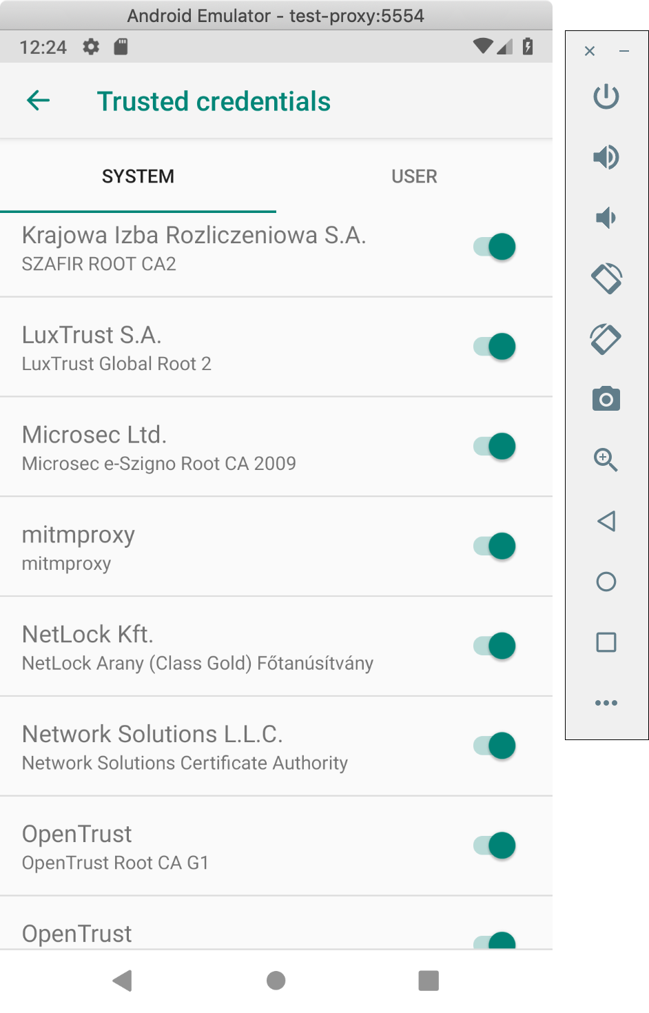 Android native settings app, showing mitmproxy in the System trusted certificate list